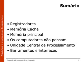 ArquiteturaeorganizaçãodeComputadores
Funções de cada Componente de um Computador 2
Sumário
• Registradores
• Memória Cache
• Memória principal
• Os computadores não pensam
• Unidade Central de Processamento
• Barramentos e interfaces
 