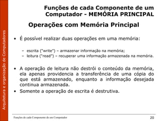 ArquiteturaeorganizaçãodeComputadores
Funções de cada Componente de um Computador 20
Funções de cada Componente de um
Computador - MEMÓRIA PRINCIPAL
Operações com Memória Principal
• É possível realizar duas operações em uma memória:
– escrita (“write”) – armazenar informação na memória;
– leitura (“read”) – recuperar uma informação armazenada na memória.
• A operação de leitura não destrói o conteúdo da memória,
ela apenas providencia a transferência de uma cópia do
que está armazenado, enquanto a informação desejada
continua armazenada.
• Somente a operação de escrita é destrutiva.
 