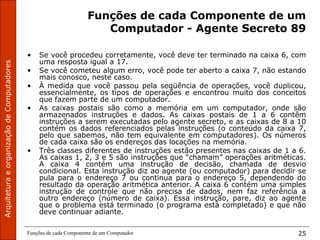 ArquiteturaeorganizaçãodeComputadores
Funções de cada Componente de um Computador 25
Funções de cada Componente de um
Computador - Agente Secreto 89
• Se você procedeu corretamente, você deve ter terminado na caixa 6, com
uma resposta igual a 17.
• Se você cometeu algum erro, você pode ter aberto a caixa 7, não estando
mais conosco, neste caso.
• À medida que você passou pela seqüência de operações, você duplicou,
essencialmente, os tipos de operações e encontrou muito dos conceitos
que fazem parte de um computador.
• As caixas postais são como a memória em um computador, onde são
armazenados instruções e dados. As caixas postais de 1 a 6 contêm
instruções a serem executadas pelo agente secreto, e as caixas de 8 a 10
contém os dados referenciados pelas instruções (o conteúdo da caixa 7,
pelo que sabemos, não tem equivalente em computadores). Os números
de cada caixa são os endereços das locações na memória.
• Três classes diferentes de instruções estão presentes nas caixas de 1 a 6.
As caixas 1, 2, 3 e 5 são instruções que “chamam” operações aritméticas.
A caixa 4 contém uma instrução de decisão, chamada de desvio
condicional. Esta instrução diz ao agente (ou computador) para decidir se
pula para o endereço 7 ou continua para o endereço 5, dependendo do
resultado da operação aritmética anterior. A caixa 6 contém uma simples
instrução de controle que não precisa de dados, nem faz referência a
outro endereço (número de caixa). Essa instrução, pare, diz ao agente
que o problema está terminado (o programa está completado) e que não
deve continuar adiante.
 