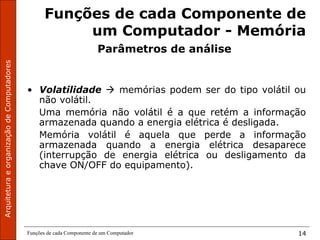 ArquiteturaeorganizaçãodeComputadores
Funções de cada Componente de um Computador 14
Funções de cada Componente de
um Computador - Memória
Parâmetros de análise
• Volatilidade  memórias podem ser do tipo volátil ou
não volátil.
Uma memória não volátil é a que retém a informação
armazenada quando a energia elétrica é desligada.
Memória volátil é aquela que perde a informação
armazenada quando a energia elétrica desaparece
(interrupção de energia elétrica ou desligamento da
chave ON/OFF do equipamento).
 