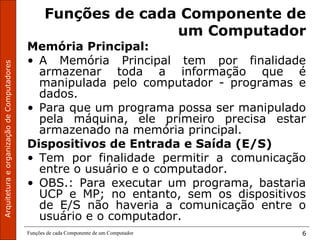 ArquiteturaeorganizaçãodeComputadores
Funções de cada Componente de um Computador 6
Funções de cada Componente de
um Computador
Memória Principal:
• A Memória Principal tem por finalidade
armazenar toda a informação que é
manipulada pelo computador - programas e
dados.
• Para que um programa possa ser manipulado
pela máquina, ele primeiro precisa estar
armazenado na memória principal.
Dispositivos de Entrada e Saída (E/S)
• Tem por finalidade permitir a comunicação
entre o usuário e o computador.
• OBS.: Para executar um programa, bastaria
UCP e MP; no entanto, sem os dispositivos
de E/S não haveria a comunicação entre o
usuário e o computador.
 