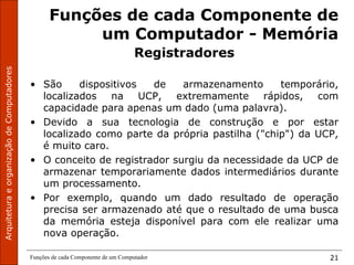 ArquiteturaeorganizaçãodeComputadores
Funções de cada Componente de um Computador 21
Funções de cada Componente de
um Computador - Memória
Registradores
• São dispositivos de armazenamento temporário,
localizados na UCP, extremamente rápidos, com
capacidade para apenas um dado (uma palavra).
• Devido a sua tecnologia de construção e por estar
localizado como parte da própria pastilha ("chip") da UCP,
é muito caro.
• O conceito de registrador surgiu da necessidade da UCP de
armazenar temporariamente dados intermediários durante
um processamento.
• Por exemplo, quando um dado resultado de operação
precisa ser armazenado até que o resultado de uma busca
da memória esteja disponível para com ele realizar uma
nova operação.
 