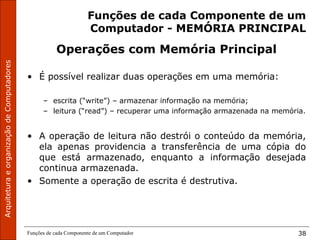 ArquiteturaeorganizaçãodeComputadores
Funções de cada Componente de um Computador 38
Funções de cada Componente de um
Computador - MEMÓRIA PRINCIPAL
Operações com Memória Principal
• É possível realizar duas operações em uma memória:
– escrita (“write”) – armazenar informação na memória;
– leitura (“read”) – recuperar uma informação armazenada na memória.
• A operação de leitura não destrói o conteúdo da memória,
ela apenas providencia a transferência de uma cópia do
que está armazenado, enquanto a informação desejada
continua armazenada.
• Somente a operação de escrita é destrutiva.
 