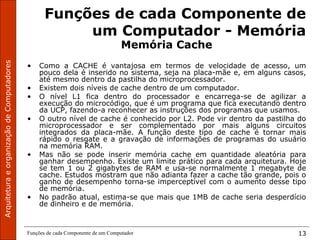 ArquiteturaeorganizaçãodeComputadores
Funções de cada Componente de um Computador 13
Funções de cada Componente de
um Computador - Memória
Memória Cache
• Como a CACHE é vantajosa em termos de velocidade de acesso, um
pouco dela é inserido no sistema, seja na placa-mãe e, em alguns casos,
até mesmo dentro da pastilha do microprocessador.
• Existem dois níveis de cache dentro de um computador.
• O nível L1 fica dentro do processador e encarrega-se de agilizar a
execução do microcódigo, que é um programa que fica executando dentro
da UCP, fazendo-a reconhecer as instruções dos programas que usamos.
• O outro nível de cache é conhecido por L2. Pode vir dentro da pastilha do
microprocessador e ser complementado por mais alguns circuitos
integrados da placa-mãe. A função deste tipo de cache é tornar mais
rápido o resgate e a gravação de informações de programas do usuário
na memória RAM.
• Mas não se pode inserir memória cache em quantidade aleatória para
ganhar desempenho. Existe um limite prático para cada arquitetura. Hoje
se tem 1 ou 2 gigabytes de RAM e usa-se normalmente 1 megabyte de
cache. Estudos mostram que não adianta fazer a cache tão grande, pois o
ganho de desempenho torna-se imperceptível com o aumento desse tipo
de memória.
• No padrão atual, estima-se que mais que 1MB de cache seria desperdício
de dinheiro e de memória.
 