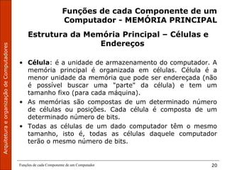 ArquiteturaeorganizaçãodeComputadores
Funções de cada Componente de um Computador 20
Funções de cada Componente de um
Computador - MEMÓRIA PRINCIPAL
Estrutura da Memória Principal – Células e
Endereços
• Célula: é a unidade de armazenamento do computador. A
memória principal é organizada em células. Célula é a
menor unidade da memória que pode ser endereçada (não
é possível buscar uma "parte" da célula) e tem um
tamanho fixo (para cada máquina).
• As memórias são compostas de um determinado número
de células ou posições. Cada célula é composta de um
determinado número de bits.
• Todas as células de um dado computador têm o mesmo
tamanho, isto é, todas as células daquele computador
terão o mesmo número de bits.
 