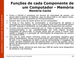 Funções de cada Componente de um Computador 13
Funções de cada Componente de
um Computador - Memória
Memória Cache
• Como a CACHE é vantajosa em termos de velocidade de acesso, um
pouco dela é inserido no sistema, seja na placa-mãe e, em alguns casos,
até mesmo dentro da pastilha do microprocessador.
• Existem dois níveis de cache dentro de um computador.
• O nível L1 fica dentro do processador e encarrega-se de agilizar a
execução do microcódigo, que é um programa que fica executando dentro
da UCP, fazendo-a reconhecer as instruções dos programas que usamos.
• O outro nível de cache é conhecido por L2. Pode vir dentro da pastilha do
microprocessador e ser complementado por mais alguns circuitos
integrados da placa-mãe. A função deste tipo de cache é tornar mais
rápido o resgate e a gravação de informações de programas do usuário
na memória RAM.
• Mas não se pode inserir memória cache em quantidade aleatória para
ganhar desempenho. Existe um limite prático para cada arquitetura. Hoje
se tem 1 ou 2 gigabytes de RAM e usa-se normalmente 1 megabyte de
cache. Estudos mostram que não adianta fazer a cache tão grande, pois o
ganho de desempenho torna-se imperceptível com o aumento desse tipo
de memória.
• No padrão atual, estima-se que mais que 1MB de cache seria desperdício
de dinheiro e de memória.
 