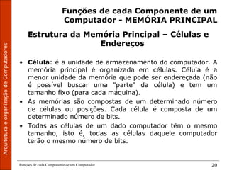 Funções de cada Componente de um Computador 20
Funções de cada Componente de um
Computador - MEMÓRIA PRINCIPAL
Estrutura da Memória Principal – Células e
Endereços
• Célula: é a unidade de armazenamento do computador. A
memória principal é organizada em células. Célula é a
menor unidade da memória que pode ser endereçada (não
é possível buscar uma "parte" da célula) e tem um
tamanho fixo (para cada máquina).
• As memórias são compostas de um determinado número
de células ou posições. Cada célula é composta de um
determinado número de bits.
• Todas as células de um dado computador têm o mesmo
tamanho, isto é, todas as células daquele computador
terão o mesmo número de bits.
 