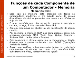 Funções de cada Componente de um Computador 3
Funções de cada Componente de
um Computador - Memória
Memórias ROM
• Esse tipo de memória está presente em todos os
computadores modernos e em grande parte de outros
dispositivos eletrônicos presentes em casas e escritórios de
hoje em dia.
• É uma memória que não se perde quando a energia é
cortada, ou seja, é uma memória não-volátil.
• Contém programas de ajustes ou de inicialização de algum
circuito.
• Por exemplo, a memória ROM dos computadores possui um
programa chamado BIOS (Basic Input Output System -
Sistema Básico de Entradas e Saídas).
• Esse programa é ativado assim que o computador é ligado,
durante um processo conhecido como BOOT (Operações
Iniciais de Testes).
• Serve para verificar o funcionamento básico dos principais
componentes do sistema tais como: CPU, memória RAM,
Subsistema de Vídeo, Teclado e Discos rígidos.
 