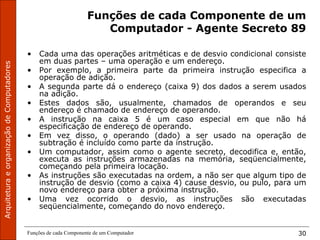 Funções de cada Componente de um Computador 30
Funções de cada Componente de um
Computador - Agente Secreto 89
• Cada uma das operações aritméticas e de desvio condicional consiste
em duas partes – uma operação e um endereço.
• Por exemplo, a primeira parte da primeira instrução especifica a
operação de adição.
• A segunda parte dá o endereço (caixa 9) dos dados a serem usados
na adição.
• Estes dados são, usualmente, chamados de operandos e seu
endereço é chamado de endereço de operando.
• A instrução na caixa 5 é um caso especial em que não há
especificação de endereço de operando.
• Em vez disso, o operando (dado) a ser usado na operação de
subtração é incluído como parte da instrução.
• Um computador, assim como o agente secreto, decodifica e, então,
executa as instruções armazenadas na memória, seqüencialmente,
começando pela primeira locação.
• As instruções são executadas na ordem, a não ser que algum tipo de
instrução de desvio (como a caixa 4) cause desvio, ou pulo, para um
novo endereço para obter a próxima instrução.
• Uma vez ocorrido o desvio, as instruções são executadas
seqüencialmente, começando do novo endereço.
 