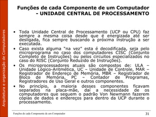 Funções de cada Componente de um Computador 31
Funções de cada Componente de um Computador
- UNIDADE CENTRAL DE PROCESSAMENTO
• Toda Unidade Central de Processamento (UCP ou CPU) faz
sempre a mesma coisa desde que é energizada até ser
desligada, fica sempre buscando a próxima instrução a ser
executada.
• Caso exista alguma “na vez” esta é decodificada, seja pelo
microprograma no caso dos computadores CISC (Conjunto
Completo de Instruções) ou pelos circuitos especializados no
caso do RISC (Conjunto Reduzido de Instruções).
• Os microprocessadores atuais são compostos de: ULA –
Unidade Lógico-Aritmética, UC – Unidade de Controle, MAR –
Registrador de Endereço de Memória, MBR – Registrador de
Bloco de Memória, PC – Contador de Programas,
Registradores de Uso Geral e outros componentes.
• No princípio, a maioria desses componentes ficavam
separados na placa-mãe, daí a necessidade de os
computadores que seguem o padrão Von Newmann fazerem
cópias de dados e endereços para dentro da UCP durante o
processamento.
 