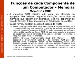 Funções de cada Componente de um Computador 4
Funções de cada Componente de
um Computador - Memória
Memórias ROM
• A memória ROM clássica não pode ser alterada ou
apagada. Mas existem algumas variações desse tipo de
memória que podem ser alteradas, isso vai depender do
tipo de Circuito Integrado usado na fabricação desta ROM.
• Dessa forma, existem as classificações de ROM:
– PROM (Programmable Read Only Memory)  ROM programável. Este
chip vem de fábrica sem nenhuma gravação. Através de um periférico
especial chamado “gravador de PROM”, podemos gravar um software
nele e então transformá-lo em ROM, já que neste circuito o processo
de apagamento não é permitido. Uma vez programada (em fábrica ou
não), não pode mais ser alterada.
– EPROM (Erasable Programmable Read Only Memory)  ROM
apagável e programável. Esse tipo de memória ROM pode ser
gravada como a anterior, porém se for necessário, existe uma
pequena janela de acrílico coberta por uma etiqueta metálica, que
pode ser removida e na janela ser incidida luz ultravioleta. Isso
provoca o apagamento da EPROM, tornando-a novamente pronta
para ser gravada.
 