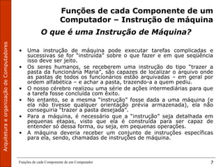 ArquiteturaeorganizaçãodeComputadores
Funções de cada Componente de um Computador 7
Funções de cada Componente de um
Computador – Instrução de máquina
O que é uma Instrução de Máquina?
• Uma instrução de máquina pode executar tarefas complicadas e
sucessivas se for “instruída” sobre o que fazer e em que seqüência
isso deve ser jeito.
• Os seres humanos, se receberem uma instrução do tipo “trazer a
pasta da funcionária Maria”, são capazes de localizar o arquivo onde
as pastas de todos os funcionários estão arquivadas – em geral por
ordem alfabética – e achar a pasta, trazendo-a a quem pediu.
• O nosso cérebro realizou uma série de ações intermediárias para que
a tarefa fosse concluída com êxito.
• No entanto, se a mesma “instrução” fosse dada a uma máquina (e
ela não tivesse qualquer orientação prévia armazenada), ela não
conseguiria “trazer a pasta desejada”.
• Para a máquina, é necessário que a “instrução” seja detalhada em
pequenas etapas, visto que ela é construída para ser capaz de
entender só dessa forma, ou seja, em pequenas operações.
• A máquina deveria receber um conjunto de instruções específicas
para ela, sendo, chamadas de instruções de máquina.
 