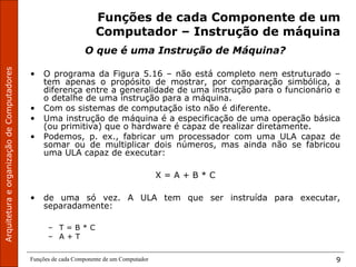 ArquiteturaeorganizaçãodeComputadores
Funções de cada Componente de um Computador 9
Funções de cada Componente de um
Computador – Instrução de máquina
O que é uma Instrução de Máquina?
• O programa da Figura 5.16 – não está completo nem estruturado –
tem apenas o propósito de mostrar, por comparação simbólica, a
diferença entre a generalidade de uma instrução para o funcionário e
o detalhe de uma instrução para a máquina.
• Com os sistemas de computação isto não é diferente.
• Uma instrução de máquina é a especificação de uma operação básica
(ou primitiva) que o hardware é capaz de realizar diretamente.
• Podemos, p. ex., fabricar um processador com uma ULA capaz de
somar ou de multiplicar dois números, mas ainda não se fabricou
uma ULA capaz de executar:
X = A + B * C
• de uma só vez. A ULA tem que ser instruída para executar,
separadamente:
– T = B * C
– A + T
 