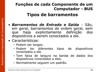 ArquiteturaeorganizaçãodeComputadores
Funções de cada Componente de um Computador 10
Funções de cada Componente de um
Computador - BUS
Tipos de barramentos
• Barramentos de Entrada e Saída - São,
em geral, barramentos de ordem geral, sem
que haja explicitamente definição dos
dispositivos a serem conectados a ele.
• Características:
– Podem ser longos.
– Podem ter diferentes tipos de dispositivos
conectados a ele.
– Tem faixa de largura na banda de dados dos
dispositivos conectados a eles.
– Normalmente seguem um padrão.
 
