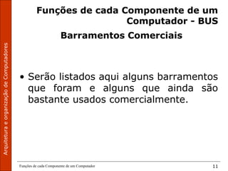 ArquiteturaeorganizaçãodeComputadores
Funções de cada Componente de um Computador 11
Funções de cada Componente de um
Computador - BUS
Barramentos Comerciais
• Serão listados aqui alguns barramentos
que foram e alguns que ainda são
bastante usados comercialmente.
 