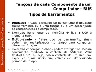 ArquiteturaeorganizaçãodeComputadores
Funções de cada Componente de um Computador 8
Funções de cada Componente de um
Computador - BUS
Tipos de barramentos
• Dedicado - Cada elemento do barramento é dedicado
exclusivamente ou a uma função ou a um subconjunto
de componentes do computador.
• Exemplo: barramento de memória  liga a UCP à
memória RAM.
• Multiplexado - Nesse tipo de barramento, sinais
podem ser multiplexados no tempo para comportar
diferentes funções.
• Exemplo: endereços e dados podem trafegar no mesmo
barramento mediante o controle de “Address Valid
Control Line”, ou seja, sob o controle de um sinal que
especifica quais sinais são válidos em determinado
período de tempo.
 
