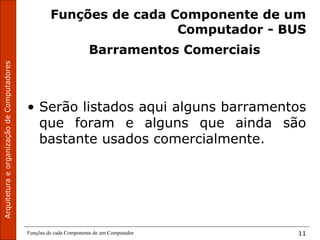 Funções de cada Componente de um Computador 11
Funções de cada Componente de um
Computador - BUS
Barramentos Comerciais
• Serão listados aqui alguns barramentos
que foram e alguns que ainda são
bastante usados comercialmente.
 