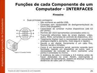 Funções de cada Componente de um Computador 26
Funções de cada Componente de um
Computador - INTERFACES
Firewire
• Suas principais vantagens:
– São similares ao padrão USB;
– Conexões sem necessidade de desligamento/boot do
micro (hot-plugable);
– Capacidade de conectar muitos dispositivos (até 63
por porta);
– Permite até 1023 barramentos conectados entre si;
– Transmite diferentes tipos de sinais digitais: vídeo,
áudio, MIDI, comandos de controle de dispositivo, etc;
– Totalmente Digital (sem a necessidade de conversores
analógico-digital e, portanto, mais seguro e rápido);
– Devido a ser digital, fisicamente é um cabo fino,
flexível, barato e simples;
– Como é um barramento serial, permite conexão bem
facilitada, ligando um dispositivo ao outro, sem a
necessidade de conexão ao micro (somente uma
ponta é conectada no micro).
– A distância do cabo é limitada a 4,5 metros antes de
haver distorções no sinal. Porém, restringindo a
velocidade do barramento, podem-se alcançar maiores
distâncias de cabo (até 14 metros).
 