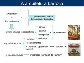 A arquitetura barroca 
Antiguidade 
+ 
Renascimento 
+ 
Arte nova em termos 
de linguagem decorativa 
- ordens clássico-renascentistas 
- gramática formal 
- jónica 
- coríntia 
- compósita 
- colossal 
+ Coluna torsa 
- colunas 
- entablamentos 
- frontões (quebrados com cartelas e 
duplos) 
- regras construtivas proporções “à medida do Homem” 
 