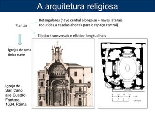 Plantas 
Igrejas de uma 
única nave 
A arquitetura religiosa 
Retangulares (nave central alonga-se + naves laterais 
reduzidas a capelas abertas para o espaço central) 
Elíptico-transversais e elíptico-longitudinais 
Igreja de 
San Carlo 
alle Quattro 
Fontane, 
1634, Roma 
 