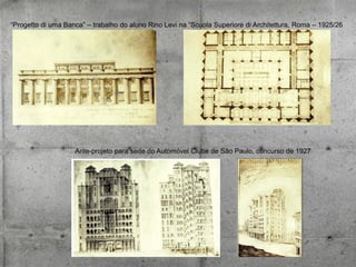 “Progetto di uma Banca” – trabalho do aluno Rino Levi na “Scuola Superiore di Architettura, Roma – 1925/26

Ante-projeto para sede do Automóvel Clube de São Paulo, concurso de 1927

 