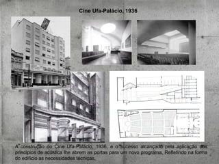 Cine Ufa-Palácio, 1936

A construção do Cine Ufa-Palácio, 1936, e o sucesso alcançado pela aplicação dos
princípios de acústica lhe abrem as portas para um novo programa. Refletindo na forma
do edifício as necessidades técnicas.

 