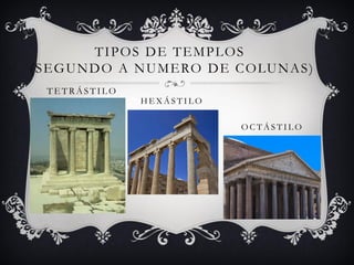 TIPOS DE TEMPLOS
(SEGUNDO A NUMERO DE COLUNAS)
T E T R Á S T I L O
H E X Á S T I L O
O C T Á S T I L O
 