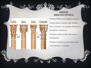 ORDEM
ARQUITETÔNICA
•Ordem Dórica (era simples e macia);
Ordem Jónica (formas mais fluídas e
leves, utilizados em templos dedicados a
divindades femininas);
•Ordem coríntia (Estilo decorativo e
trabalhado);
•Ordem Compósita (uma mistura da
ordem Jónica e Coríntia).
 