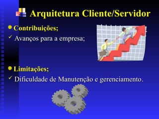 Arquitetura Cliente/Servidor
Contribuições;
Contribuições;
 Avanços para a empresa;
Avanços para a empresa;
Limitações;
Limitações;
 Dificuldade de Manutenção e gerenciamento
Dificuldade de Manutenção e gerenciamento.
.
 