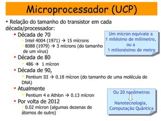 Microprocessador (UCP)
 Relação do tamanho do transistor em cada
década/processador:
    Década de 70                        Um mícron equivale a
       Intel 4004 (1971)  15 mícrons      1 milésimo de milímetro,
       8088 (1979)  3 mícrons (do tamanho           ou a
       de um vírus)                          1 milionésimo de metro
    Década de 80
       486  1 mícron
    Década de 90,
       Pentium III  0.18 mícron (do tamanho de uma molécula de
      DNA)
    Atualmente
                                                Ou 20 nanômetros
       Pentium 4 e Athlon  0.13 mícron
    Por volta de 2012                          Nanotecnologia,
       0.02 mícron (algumas dezenas de       Computação Quântica
      átomos de outro)
 