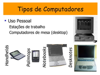 Tipos de Computadores
 Uso Pessoal
            Estações de trabalho
            Computadores de mesa (desktop)
Handhelds




                               Notebooks




                                             Desknotes
                    Palmtops
 