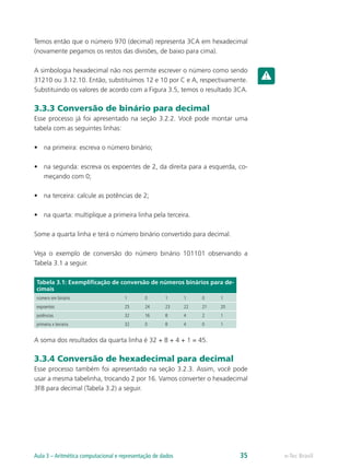 Temos então que o número 970 (decimal) representa 3CA em hexadecimal
(novamente pegamos os restos das divisões, de baixo para cima).
A simbologia hexadecimal não nos permite escrever o número como sendo
31210 ou 3.12.10. Então, substituímos 12 e 10 por C e A, respectivamente.
Substituindo os valores de acordo com a Figura 3.5, temos o resultado 3CA.
3.3.3 Conversão de binário para decimal
Esse processo já foi apresentado na seção 3.2.2. Você pode montar uma
tabela com as seguintes linhas:
•	 na primeira: escreva o número binário;
•	 na segunda: escreva os expoentes de 2, da direita para a esquerda, co-
meçando com 0;
•	 na terceira: calcule as potências de 2;
•	 na quarta: multiplique a primeira linha pela terceira.
Some a quarta linha e terá o número binário convertido para decimal.
Veja o exemplo de conversão do número binário 101101 observando a
Tabela 3.1 a seguir.
Tabela 3.1: Exemplificação de conversão de números binários para de-
cimais
número em binário 1 0 1 1 0 1
expoentes 25 24 23 22 21 20
potências 32 16 8 4 2 1
primeira x terceira 32 0 8 4 0 1
A soma dos resultados da quarta linha é 32 + 8 + 4 + 1 = 45.
3.3.4 Conversão de hexadecimal para decimal
Esse processo também foi apresentado na seção 3.2.3. Assim, você pode
usar a mesma tabelinha, trocando 2 por 16. Vamos converter o hexadecimal
3F8 para decimal (Tabela 3.2) a seguir.
e-Tec BrasilAula 3 – Aritmética computacional e representação de dados 35
 