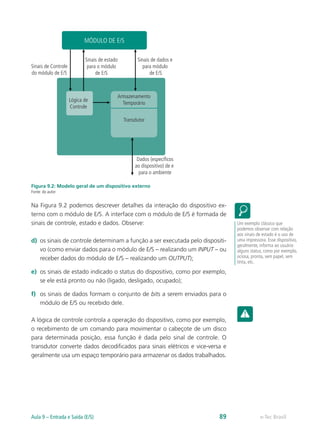 Sinais de dados e
para módulo
de E/S
Dados (especíﬁcos
ao dispositivo) de e
para o ambiente
Sinais de estado
para o módulo
de E/S
Sinais de Controle
do módulo de E/S
Lógica de
Controle
MÓDULO DE E/S
Armazenamento
Temporário
Transdutor
Figura 9.2: Modelo geral de um dispositivo externo
Fonte: do autor
Na Figura 9.2 podemos descrever detalhes da interação do dispositivo ex-
terno com o módulo de E/S. A interface com o módulo de E/S é formada de
sinais de controle, estado e dados. Observe:
d)	 os sinais de controle determinam a função a ser executada pelo dispositi-
vo (como enviar dados para o módulo de E/S – realizando um INPUT – ou
receber dados do módulo de E/S – realizando um OUTPUT);
e)	 os sinais de estado indicado o status do dispositivo, como por exemplo,
se ele está pronto ou não (ligado, desligado, ocupado);
f)	 os sinais de dados formam o conjunto de bits a serem enviados para o
módulo de E/S ou recebido dele.
A lógica de controle controla a operação do dispositivo, como por exemplo,
o recebimento de um comando para movimentar o cabeçote de um disco
para determinada posição, essa função é dada pelo sinal de controle. O
transdutor converte dados decodificados para sinais elétricos e vice-versa e
geralmente usa um espaço temporário para armazenar os dados trabalhados.
Um exemplo clássico que
podemos observar com relação
aos sinais de estado é o uso de
uma impressora. Esse dispositivo,
geralmente, informa ao usuário
alguns status, como por exemplo,
ociosa, pronta, sem papel, sem
tinta, etc.
e-Tec BrasilAula 9 – Entrada e Saída (E/S) 89
 