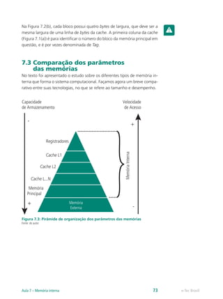 Na Figura 7.2(b), cada bloco possui quatro bytes de largura, que deve ser a
mesma largura de uma linha de bytes da cache. A primeira coluna da cache
(Figura 7.1(a)) é para identificar o número do bloco da memória principal em
questão, e é por vezes denominada de Tag.
7.3 Comparação dos parâmetros
das memórias
No texto foi apresentado o estudo sobre os diferentes tipos de memória in-
terna que forma o sistema computacional. Façamos agora um breve compa-
rativo entre suas tecnologias, no que se refere ao tamanho e desempenho.
+
+
-
Capacidade
de Armazenamento
Velocidade
de Acesso
Registradores
Cache L1
Cache L2
Cache L...N
Memória
Principal
Memória
Interna
-
Memória
Externa
Figura 7.3: Pirâmide de organização dos parâmetros das memórias
Fonte: do autor
e-Tec Brasil
Aula 7 – Memória interna 73
 