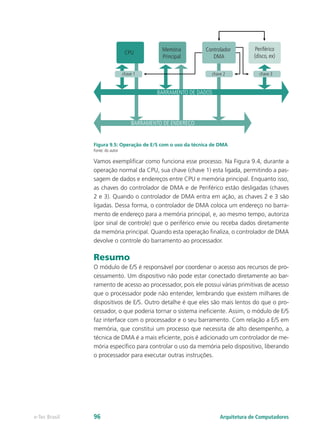 Controlador
DMA
Memória
Principal
CPU
chave 1
BARRAMENTO DE DADOS
BARRAMENTO DE ENDEREÇO
chave 2 chave 3
Periférico
(disco, ex)
Figura 9.5: Operação de E/S com o uso da técnica de DMA
Fonte: do autor
Vamos exemplificar como funciona esse processo. Na Figura 9.4, durante a
operação normal da CPU, sua chave (chave 1) esta ligada, permitindo a pas-
sagem de dados e endereços entre CPU e memória principal. Enquanto isso,
as chaves do controlador de DMA e de Periférico estão desligadas (chaves
2 e 3). Quando o controlador de DMA entra em ação, as chaves 2 e 3 são
ligadas. Dessa forma, o controlador de DMA coloca um endereço no barra-
mento de endereço para a memória principal, e, ao mesmo tempo, autoriza
(por sinal de controle) que o periférico envie ou receba dados diretamente
da memória principal. Quando esta operação finaliza, o controlador de DMA
devolve o controle do barramento ao processador.
Resumo
O módulo de E/S é responsável por coordenar o acesso aos recursos de pro-
cessamento. Um dispositivo não pode estar conectado diretamente ao bar-
ramento de acesso ao processador, pois ele possui várias primitivas de acesso
que o processador pode não entender, lembrando que existem milhares de
dispositivos de E/S. Outro detalhe é que eles são mais lentos do que o pro-
cessador, o que poderia tornar o sistema ineficiente. Assim, o módulo de E/S
faz interface com o processador e o seu barramento. Com relação a E/S em
memória, que constitui um processo que necessita de alto desempenho, a
técnica de DMA é a mais eficiente, pois é adicionado um controlador de me-
mória específico para controlar o uso da memória pelo dispositivo, liberando
o processador para executar outras instruções.
Arquitetura de Computadores
e-Tec Brasil 96
 
