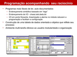 • Programas mais fáceis de ler, auto documentados
– Endereçamento simbólico baseado em “tags”
– Endereçamento de I/O - chassi.slot.dado.bit
– I/O em ponto flutuante, linearização e alarme no módulo reduzem a
programação e facilitam a configuração
• Construção de uma tabela de dados orientada a objetos que reflete seu
processo
• Ambiente multi-tarefa oferece ao usuário modularidade e organização
Programação acompanhando seu raciocínio
 