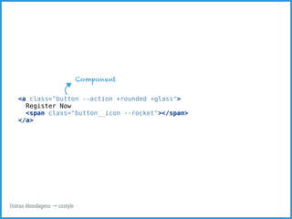 <a class="button --action +rounded +glass"> 
Register Now 
<span class="button__icon --rocket"></span> 
</a> 
Outras Abordagens → csstyle 
Component 
 