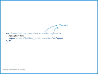 <a class="button --action +rounded +glass"> 
Register Now 
<span class="button__icon --rocket"></span> 
</a> 
Outras Abordagens → csstyle 
Tweaks 
 