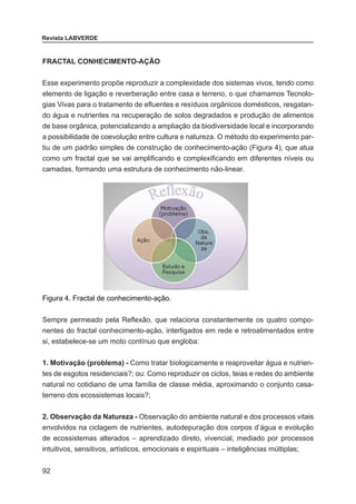 92
Revista LABVERDE
FRACTAL CONHECIMENTO-AÇÃO
Esse experimento propõe reproduzir a complexidade dos sistemas vivos, tendo como
elemento de ligação e reverberação entre casa e terreno, o que chamamos Tecnolo-
gias Vivas para o tratamento de efluentes e resíduos orgânicos domésticos, resgatan-
do água e nutrientes na recuperação de solos degradados e produção de alimentos
de base orgânica, potencializando a ampliação da biodiversidade local e incorporando
a possibilidade de coevolução entre cultura e natureza. O método do experimento par-
tiu de um padrão simples de construção de conhecimento-ação (Figura 4), que atua
como um fractal que se vai amplificando e complexificando em diferentes níveis ou
camadas, formando uma estrutura de conhecimento não-linear.
Figura 4. Fractal de conhecimento-ação.
Sempre permeado pela Reflexão, que relaciona constantemente os quatro compo-
nentes do fractal conhecimento-ação, interligados em rede e retroalimentados entre
si, estabelece-se um moto contínuo que engloba:
1. Motivação (problema) - Como tratar biologicamente e reaproveitar água e nutrien-
tes de esgotos residenciais?; ou: Como reproduzir os ciclos, teias e redes do ambiente
natural no cotidiano de uma família de classe média, aproximando o conjunto casa-
terreno dos ecossistemas locais?;
2. Observação da Natureza - Observação do ambiente natural e dos processos vitais
envolvidos na ciclagem de nutrientes, autodepuração dos corpos d’água e evolução
de ecossistemas alterados – aprendizado direto, vivencial, mediado por processos
intuitivos, sensitivos, artísticos, emocionais e espirituais – inteligências múltiplas;
 