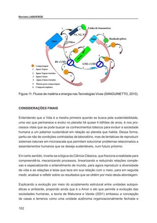 102
Revista LABVERDE
Figura 11. Fluxos de matéria e energia nas Tecnologias Vivas (SANGUINETTO, 2010).
CONSIDERAÇÕES FINAIS
Entendendo que a Vida é a mestra primeira quando se busca pela sustentabilidade,
uma vez que permanece e evolui no planeta há quase 4 bilhões de anos, é nos pro-
cessos vitais que se pode buscar os conhecimentos básicos para evoluir a sociedade
humana a um patamar sustentável em relação ao planeta que habita. Dessa forma,
partiu-se não de condições controladas de laboratório, mas de tentativas de reproduzir
sistemas naturais em microescala que permitam solucionar problemas relacionados a
assentamentos humanos que se deseja sustentáveis, num futuro próximo.
Em certo sentido, inverte-se a lógica da Ciência Clássica, que fraciona a realidade para
compreendê-la, mecanizando processos, linearizando e reduzindo relações comple-
xas e especializando o entendimento de mundo, para agora reproduzir a diversidade
de vida e as relações e teias que tece em sua relação com o meio, para em seguida
medir, analisar e refletir sobre os resultados que se obtém por meio desta abordagem.
	
Explicando a evolução por meio do acoplamento estrutural entre unidades autopoi-
éticas e ambiente, propondo ainda que é o Amor o elo que permite a evolução das
sociedades humanas, a teoria de Maturana e Varela (2001) embasou a concepção
de casas e terrenos como uma unidade autônoma organizacionalmente fechada e
 