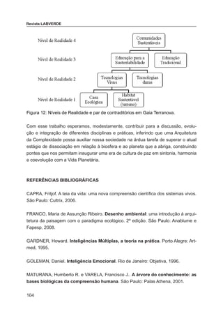 104
Revista LABVERDE
Figura 12: Níveis de Realidade e par de contraditórios em Gaia Terranova.
Com esse trabalho esperamos, modestamente, contribuir para a discussão, evolu-
ção e integração de diferentes disciplinas e práticas, inferindo que uma Arquitetura
da Complexidade possa auxiliar nossa sociedade na árdua tarefa de superar o atual
estágio de dissociação em relação à biosfera e ao planeta que a abriga, construindo
pontes que nos permitam inaugurar uma era de cultura de paz em sintonia, harmonia
e coevolução com a Vida Planetária.
REFERÊNCIAS BIBLIOGRÁFICAS
CAPRA, Fritjof. A teia da vida: uma nova compreensão científica dos sistemas vivos.
São Paulo: Cultrix, 2006.
FRANCO, Maria de Assunção Ribeiro. Desenho ambiental: uma introdução à arqui-
tetura da paisagem com o paradigma ecológico. 2ª edição. São Paulo: Anablume e
Fapesp, 2008.
GARDNER, Howard. Inteligências Múltiplas, a teoria na prática. Porto Alegre: Art-
med, 1995.
GOLEMAN, Daniel. Inteligência Emocional. Rio de Janeiro: Objetiva, 1996.
MATURANA, Humberto R. e VARELA, Francisco J.. A árvore do conhecimento: as
bases biológicas da compreensão humana. São Paulo: Palas Athena, 2001.
 