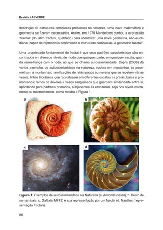 86
Revista LABVERDE
descrição de estruturas complexas presentes na natureza, uma nova matemática e
geometria se fizeram necessárias. Assim, em 1975 Mandelbrot cunhou a expressão
“fractal” (do latim fractus, quebrado) para identificar uma nova geometria, não-eucli-
diana, capaz de representar fenômenos e estruturas complexas, a geometria fractal2
.
	
Uma propriedade fundamental do fractal é que seus padrões característicos são en-
contrados em diversos níveis, de modo que qualquer parte, em qualquer escala, guar-
da semelhança com o todo, ao que se chama autossimilaridade. Capra (2006) dá
vários exemplos de autossimilaridade na natureza: rochas em montanhas se asse-
melham a montanhas; ramificações de relâmpagos ou nuvens que se repetem várias
vezes; linhas litorâneas que reproduzem em diferentes escalas as praias, baias e pro-
montórios; ramos de árvores e vasos sanguíneos que guardam similaridade entre si,
apontando para padrões primários, subjacentes às estruturas, seja nos níveis micro,
meso ou macrocósmico, como mostra a Figura 1.
c d
a b
Figura 1: Exemplos de autossimilaridade na Natureza (a. Amonite (fóssil), b. Broto de
samambaia, c. Galáxia M743) e sua representação por um fractal (d. Nautilus (repre-
sentação fractal)).
 