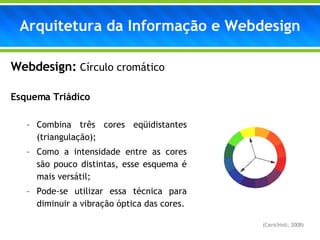 Webdesign:   Círculo cromático Esquema Triádico Combina três cores eqüidistantes (triangulação); Como a intensidade entre as cores são pouco distintas, esse esquema é mais versátil; Pode-se utilizar essa técnica para diminuir a vibração óptica das cores. (Cavichioli, 2008) Arquitetura da Informação e Webdesign 