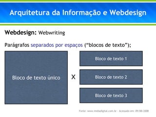 Webdesign:   Webwriting Parágrafos  separados por espaços  (“blocos de texto”); Arquitetura da Informação e Webdesign X Fonte: www.midiadigital.com.br – Acessado em: 09/08/2008 Bloco de texto único Bloco de texto 1 Bloco de texto 2 Bloco de texto 3 