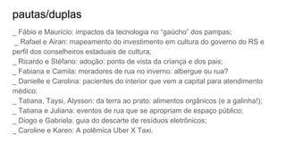 pautas/duplas
_ Fábio e Maurício: impactos da tecnologia no “gaúcho” dos pampas;
_ Rafael e Airan: mapeamento do investimento em cultura do governo do RS e
perfil dos conselheiros estaduais de cultura;
_ Ricardo e Stéfano: adoção: ponto de vista da criança e dos pais;
_ Fabiana e Camila: moradores de rua no inverno: albergue ou rua?
_ Danielle e Carolina: pacientes do interior que vem a capital para atendimento
médico;
_ Tatiana, Taysi, Alysson: da terra ao prato: alimentos orgânicos (e a galinha!);
_ Tatiana e Juliana: eventos de rua que se apropriam de espaço público;
_ Diogo e Gabriela: guia do descarte de resíduos eletrônicos;
_ Caroline e Karen: A polêmica Uber X Taxi.
 