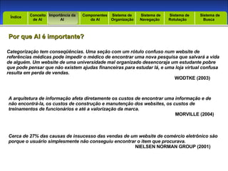 Introdução Índice Por que AI é importante? Conceito  de AI Importância da AI  Componentes  da AI Sistema de  Organização Sistema de  Navegação Sistema de  Rotulação Sistema de  Busca Índice Categorização tem conseqüências. Uma seção com um rótulo confuso num website de referências médicas pode impedir o médico de encontrar uma nova pesquisa que salvará a vida de alguém. Um website de uma universidade mal organizado desencoraja um estudante pobre que pode pensar que não existem ajudas financeiras para estudar lá, e uma loja virtual confusa resulta em perda de vendas.  WODTKE (2003) A arquitetura de informação afeta diretamente os custos de encontrar uma informação e de não encontrá-la, os custos de construção e manutenção dos websites, os custos de treinamentos de funcionários e até a valorização da marca. MORVILLE (2004) Cerca de 27% das causas de insucesso das vendas de um website de comércio eletrônico são porque o usuário simplesmente não conseguiu encontrar o item que procurava. NIELSEN NORMAN GROUP (2001) 