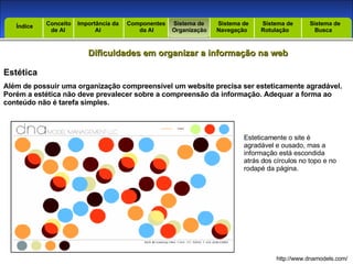 Introdução Índice Conceito  de AI Importância da AI  Componentes  da AI Sistema de  Organização Sistema de  Navegação Sistema de  Rotulação Sistema de  Busca Índice Dificuldades em organizar a informação na web Estética Além de possuir uma organização compreensível um website precisa ser esteticamente agradável. Porém a estética não deve prevalecer sobre a compreensão da informação. Adequar a forma ao conteúdo não é tarefa simples. Esteticamente o site é agradável e ousado, mas a informação está escondida atrás dos círculos no topo e no rodapé da página. http://www.dnamodels.com/ 