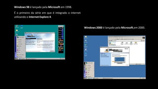 Windows 98 é lançado pela Microsoft em 1998.
É o primeiro da série em que é integrado o internet
utilizando o Internet Explore 4.
Windows 2000 é lançado pela Microsoft,em 2000.
 