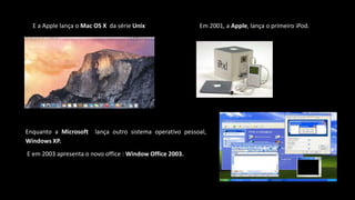 E a Apple lança o Mac OS X da série Unix Em 2001, a Apple, lança o primeiro iPod.
Enquanto a Microsoft lança outro sistema operativo pessoal,
Windows XP.
E em 2003 apresenta o novo office : Window Office 2003.
 