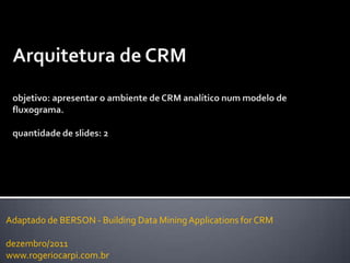 Adaptado de BERSON - Building Data Mining Applications for CRM

dezembro/2011
www.rogeriocarpi.com.br
 